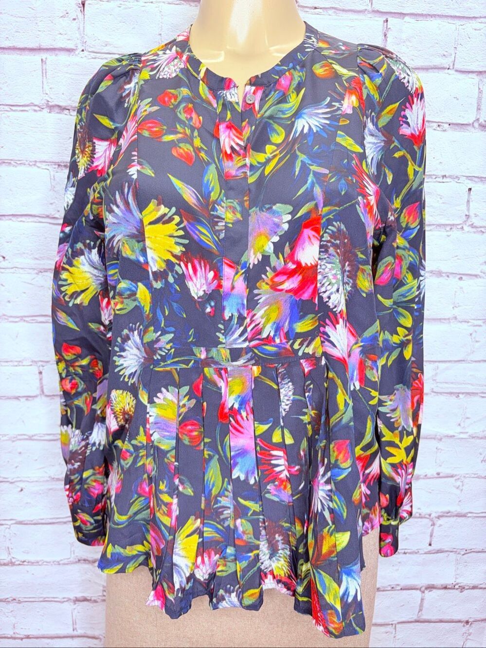 J. Crew Womens Navy Silk Floral Pleated Long Sleeve Popover Blouse Size Small